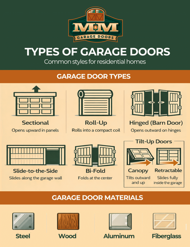 Infographic illustrating common types of residential garage doors and materials.