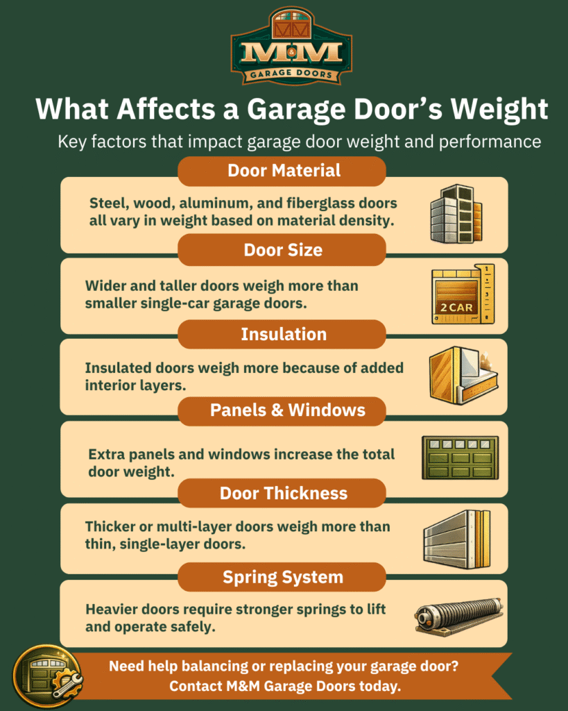 Infographic outlining factors that impact garage door weight, including material, size, insulation, panels, thickness, and spring system—featuring clear illustrations for each garage door weight factor.